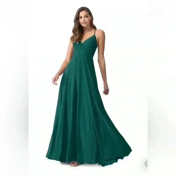 Azazie Dresses & Skirts - NWT Azazie Avelina A-Line V-Neck Pleated Chiffon Floor-Length Peacock Size A10